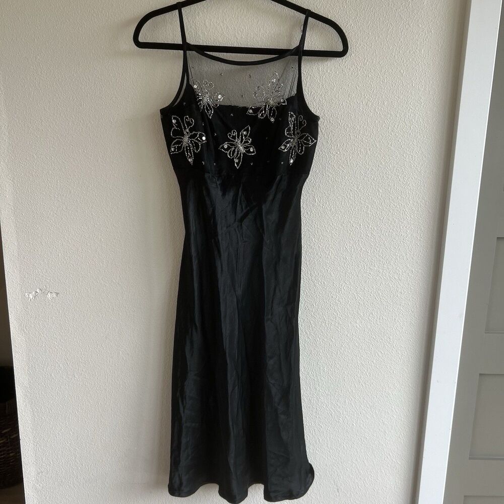 Vintage Morgan And Co Satin Black Beaded‎ Dress  Butterflies Whimsigoth Fairy